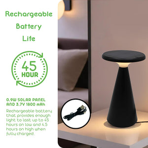 Black table lamp with rechargeable battery life feature on a light background
