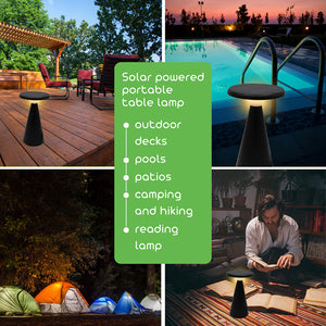 Collage of solar-powered portable table lamp in various settings with text detailing its uses.